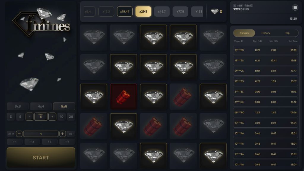 F-Mines crash game board showing diamonds, dynamite and a x29.5 multiplier