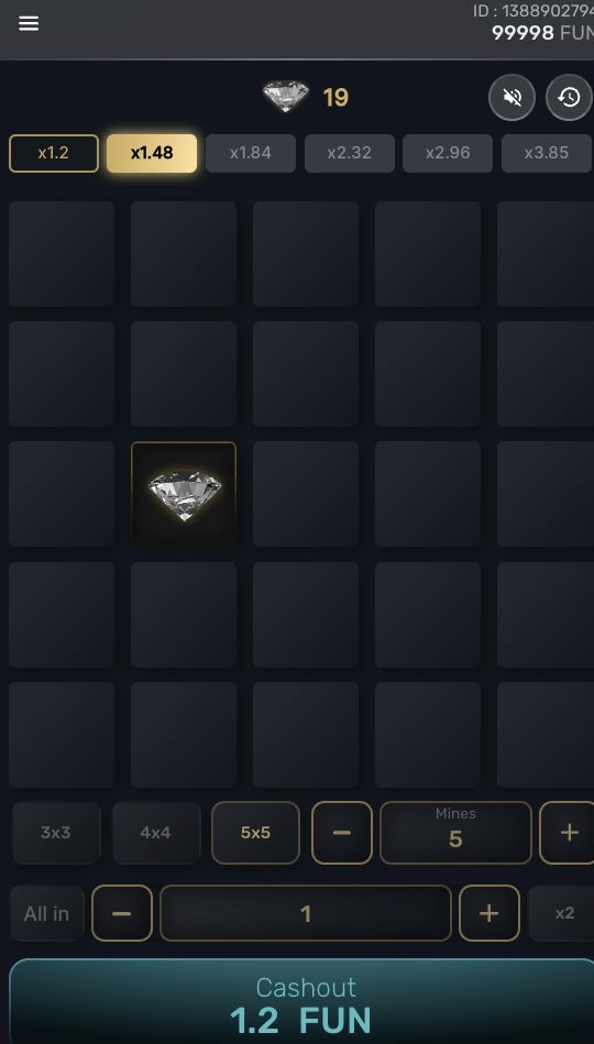 F-Mines round in progress on mobile showing a revealed diamond and the cash-out bar
