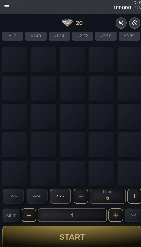 F-Mines start screen on mobile with grid selector, mine counter and Start button