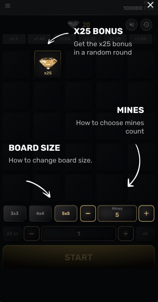 F-Mines tutorial overlay explaining the x25 bonus, board size and mine count
